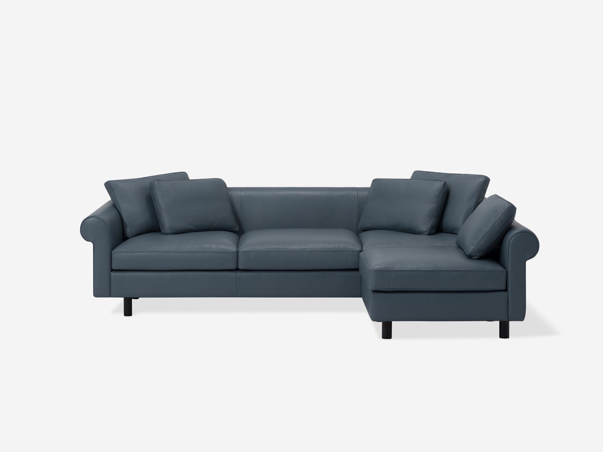 Front view of blue leather right hand facing sectional sofa